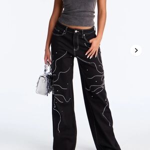 Black Embellished Wide-Leg Jeans